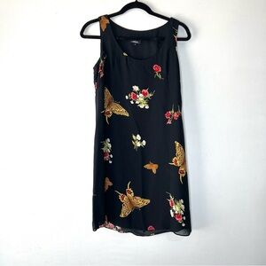 Mica Vintage 90s Moth & Floral Black Midi Dress Lined Waist Tie Gold Red S/M 4
